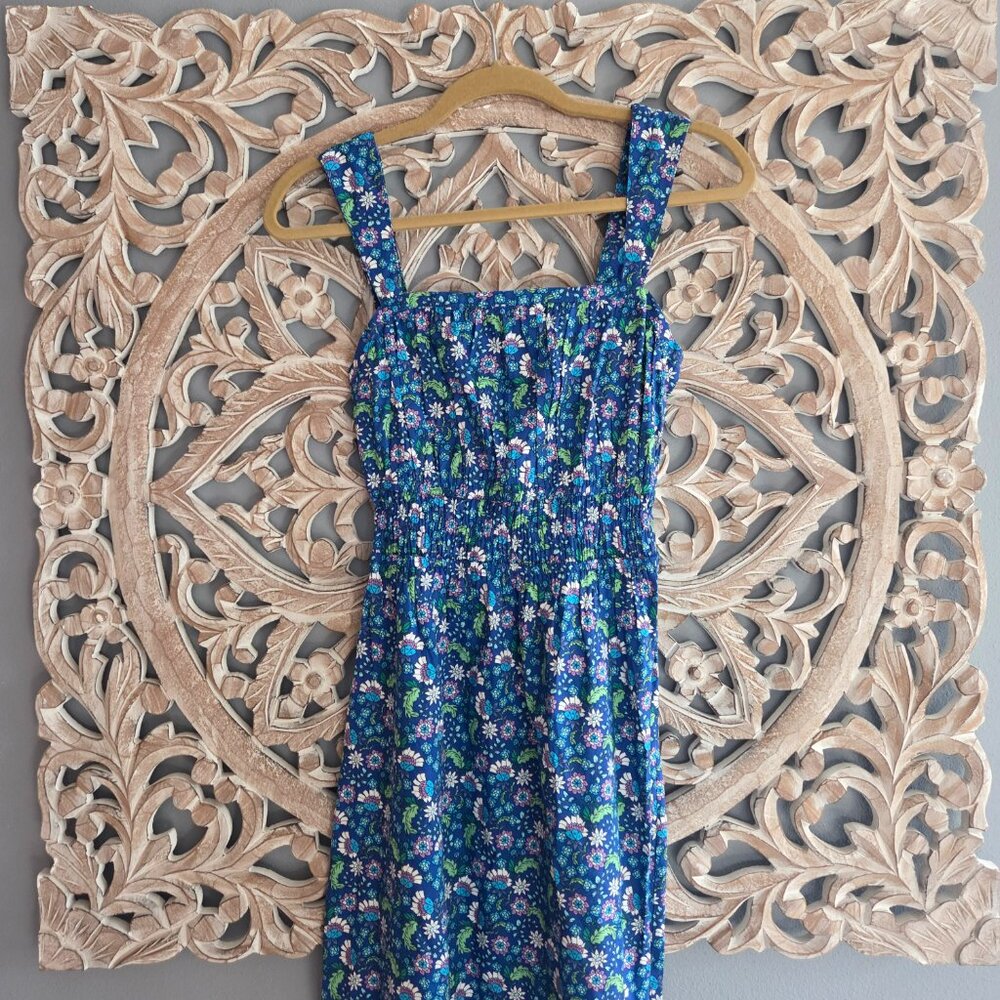 LOFT Blue Floral Shirred Flounce Maxi Dress 100% Cotton Sz XXS - Picture 3 of 9